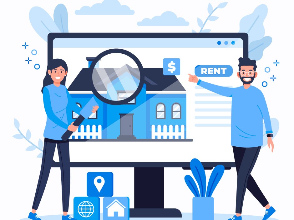 Hombre y mujer vestidos con sueteres azules señalan como optimizar la página web de una inmobiliaria